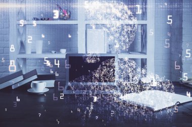 Bilgisayar, teknoloji temalı hologramla birlikte ofiste. Çoklu maruz kalma. Teknoloji kavramı.