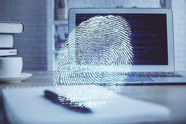 Computer auf Desktop im Büro mit Fingerabdruckzeichnung. Doppelbelichtung. Konzept der Datensicherheit für Unternehmen. — Stockfoto