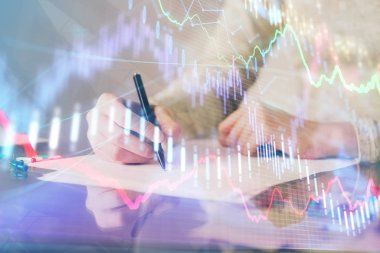 Not defteri 'nde el notu almak. Ön Forex grafik hologramlar. Araştırma kavramı. Çoklu pozlama