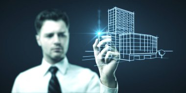 İşadamı parlayan gökdelen çiziyor.