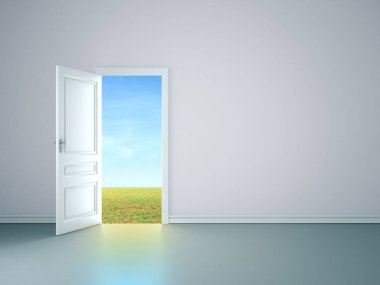 White room interior with open door tofield.