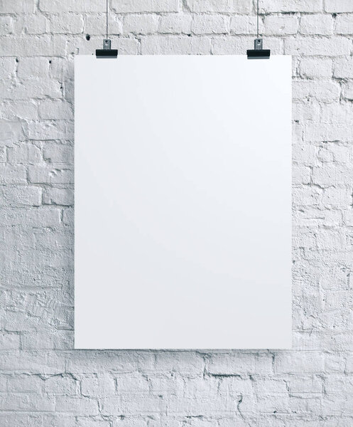 Blank placard on brick wall. Gallery, art, exhibit and museum concept. Mock up, 3D Rendering