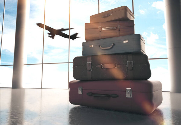 Travel bags in airport and airliner in sky