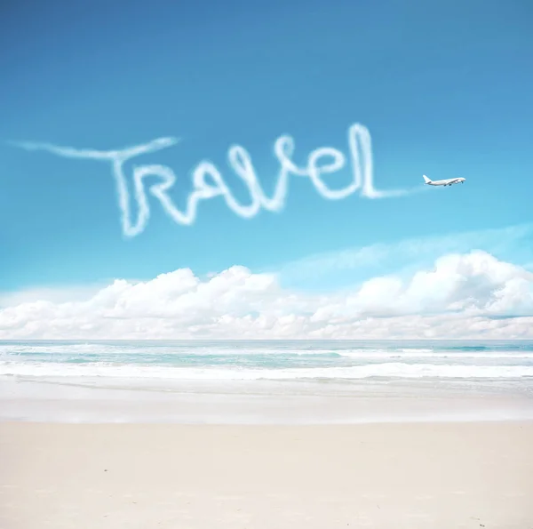 Airplane in the sky drawing word travel. — Stock Photo, Image