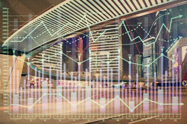 Yüksek binaların arka planında çoklu pozlama olan eski şehir haritası. Finansal araştırma kavramı.