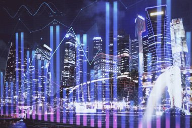 Yüksek binalar arka plan çok pozlama ile şehir scape mali grafik. Analiz kavramı.