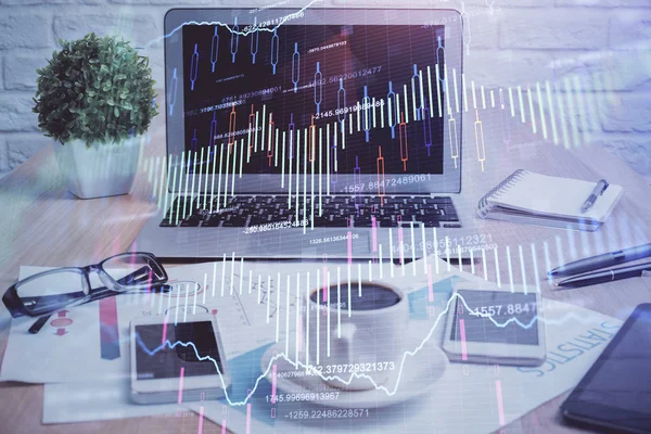 Forex market chart hologram and personal computer background. Multi exposure. Concept of investment. — Stock Photo, Image