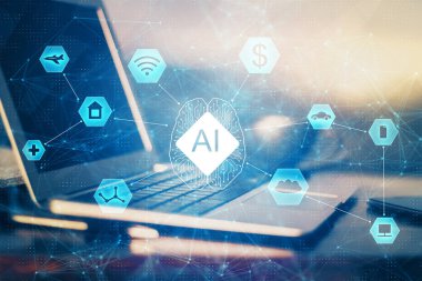 Masaüstü bilgisayarı ve teknoloji temalı holograma çift pozlama. Yazılım geliştirme kavramı.