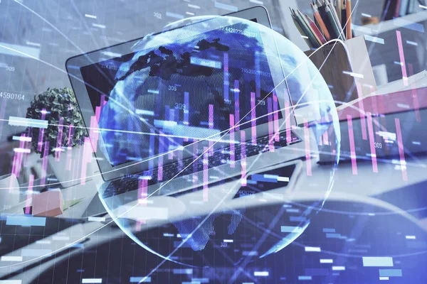 Double exposure of forex chart and work space with computer. Concept of international online trading. — Stock Photo, Image