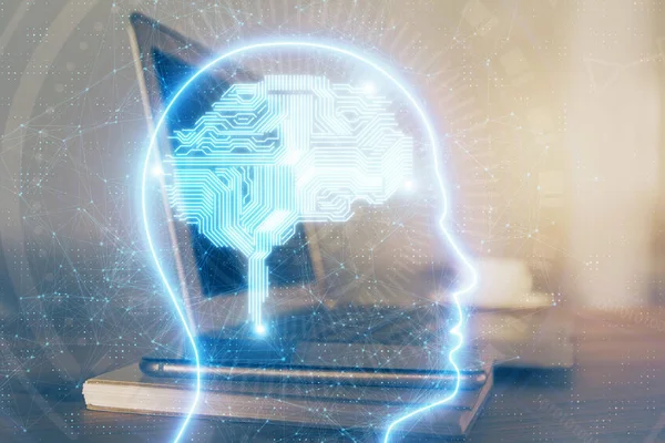 Multi exposição da tabela de trabalho com computador e holograma do cérebro. Conceito de brainstorm. — Fotografia de Stock