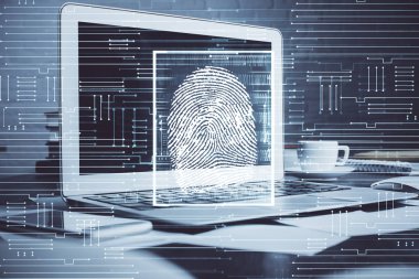 Ofisteki bilgisayarın parmak izi çizimi. Çifte maruziyet. İş veri güvenliği kavramı.