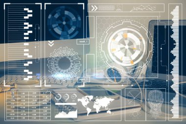 Teknoloji temalı çizim ve bilgisayarla çalışma alanı. Çoklu maruz kalma. Yenilik kavramı.