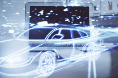 Otomobil hologramı çizimi olan masaüstü bilgisayar arkaplanı. Çoklu maruz kalma. Teknoloji kavramı.
