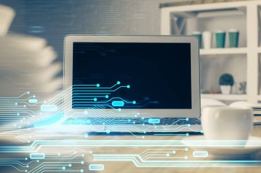 Teknoloji temalı çizim ve bilgisayarlı masa. Çoklu maruz kalma. Bilgi kavramı.