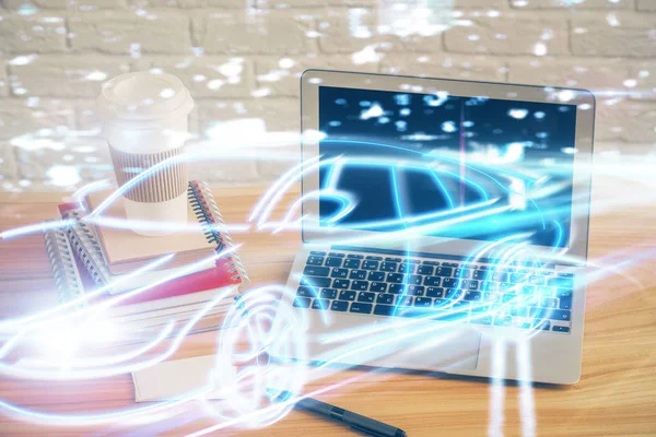 Desktop computer background in office with automobile hologram drawing. Multi exposure. Tech concept.