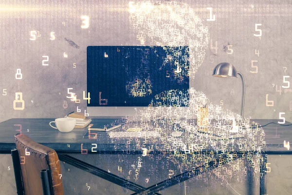 Computer op kantoor met technologie thema hologram. Meervoudige blootstelling. Technologisch concept. — Stockfoto