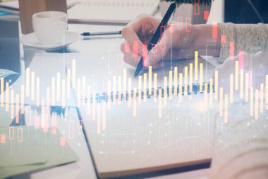 Not defteri 'nde el notu almak. Ön Forex grafik hologramlar. Araştırma kavramı. Çift Pozlama