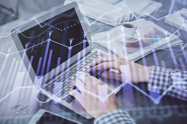 Double exposure of forex graph with man working on computer on background. Concept of market analysis. — Stock Photo, Image
