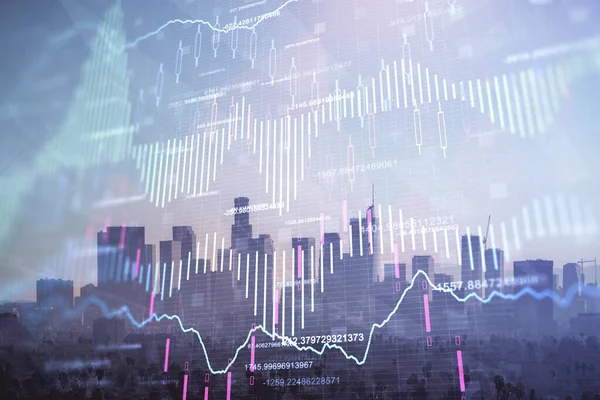 Форекс карта на міському пейзажі з хмарочосами шпалери подвійної експозиції. Концепція фінансових досліджень . — стокове фото