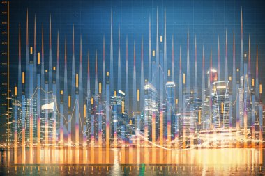 Yüksek binalar arka plan çok pozlama ile şehir scape mali grafik. Analiz kavramı.