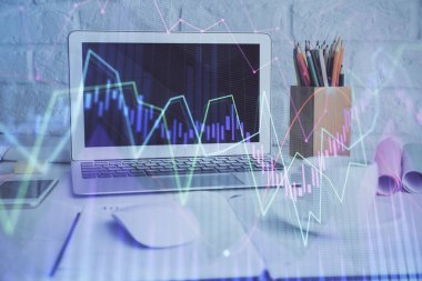 Bilgisayar geçmişi olan eski grafik hologramı. Çifte maruziyet. Finans piyasası kavramı.