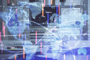 İş teması simgelerinin çoklu pozlandırılması ve bilgisayar geçmişi olan çalışma alanı. Başarı kavramı.