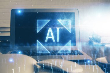 Bilgisayarın arka plan ve teknoloji temalı çizimlerine çoklu maruz kalma. Yenilik kavramı.