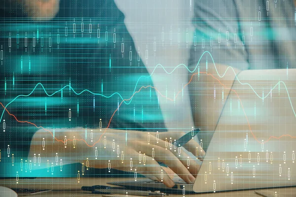 Forex diagram med affärsman skriva på datorn i Office på bakgrunden. Begreppet analys. Dubbel exponering. — Stockfoto