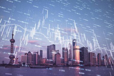 Gökdelenler arka planda çift pozlama ile şehir görünümünde eski grafik. Mali analiz kavramı.