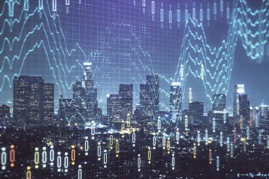 Yüksek binaların arka planında çoklu pozlama olan eski şehir haritası. Finansal araştırma kavramı.