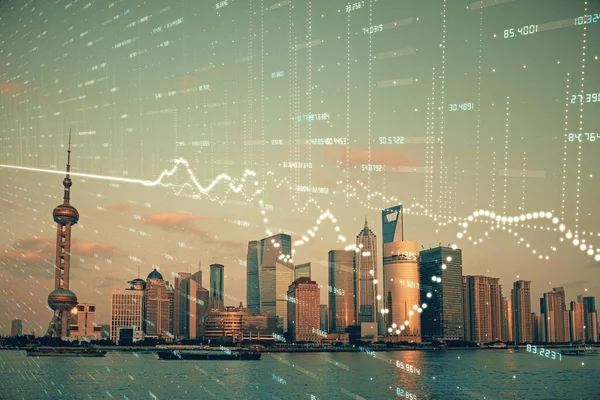 Forex-Graph auf Stadtansicht mit Wolkenkratzern Hintergrund Doppelbelichtung. Finanzanalysekonzept. — Stockfoto