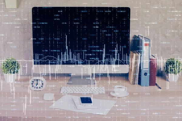 Hologram wykresu Forex na stole z tłem komputera. Podwójna ekspozycja. Pojęcie rynków finansowych. — Zdjęcie stockowe