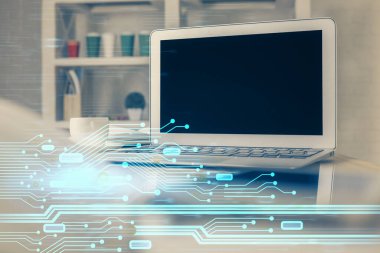 Teknoloji temalı çizim ve bilgisayarlı masa. Çoklu maruz kalma. Bilgi kavramı.