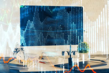 Eski pazar grafiği hologramı ve kişisel bilgisayar geçmişi. Çoklu maruz kalma. Yatırım kavramı.