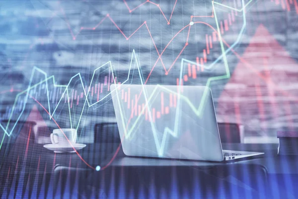 Aktiemarknad diagram och tabell med datorbakgrund. Dubbel exponering. Begreppet finansiell analys. — Stockfoto