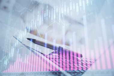 Bilgisayar geçmişi olan eski grafik hologramı. Çoklu maruz kalma. Finans piyasası kavramı.