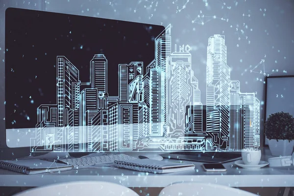 Fondo de escritorio de la computadora en la oficina y grandes edificios de la ciudad holograma dibujo. Doble exposición. Concepto de ciudad inteligente. —  Fotos de Stock