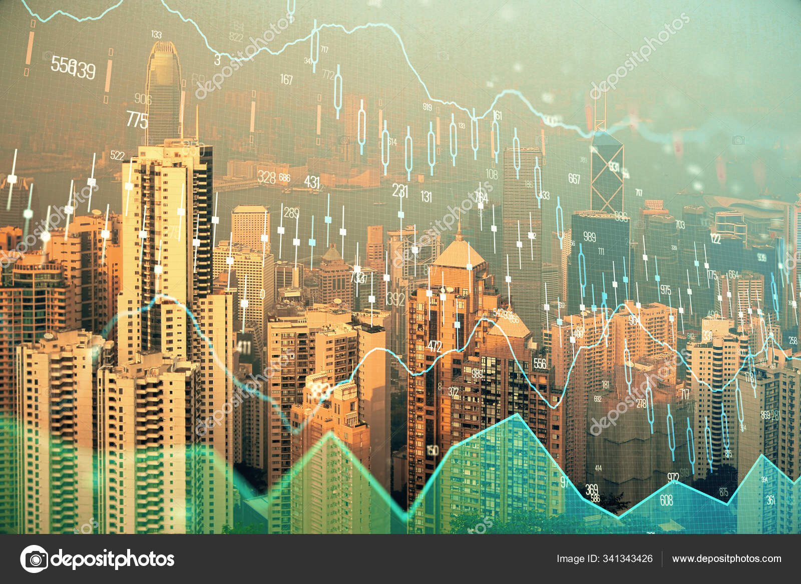 高層ビルの壁紙の二重露出と都市の外国為替チャート 金融研究の概念 ストック写真 C Peshkova