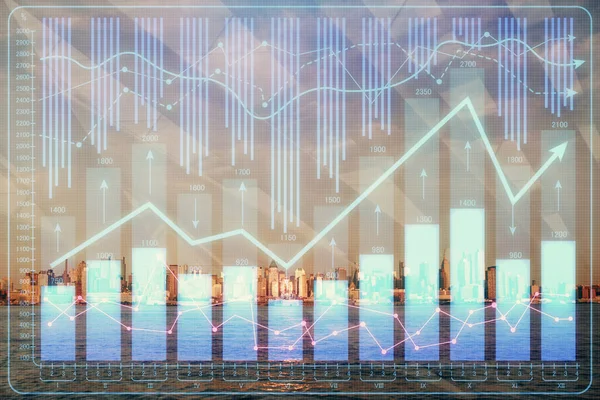 Forex graf na městském pozadí s mrakodrapy tapety dvojité expozice. Koncept finančního výzkumu. — Stock fotografie