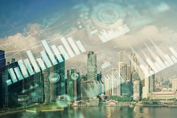 Devisendiagramm auf Stadtbild mit Wolkenkratzern Tapete Multi-Exposure. Finanzielles Forschungskonzept. — Stockfoto