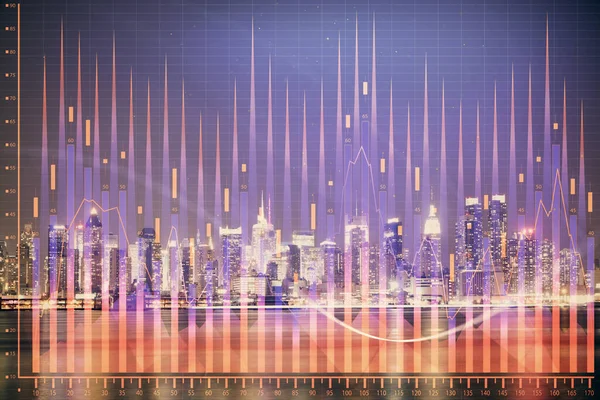 Finansiell graf på Night City Scape med höga byggnader bakgrund Multi exponering. Analys koncept. — Stockfoto