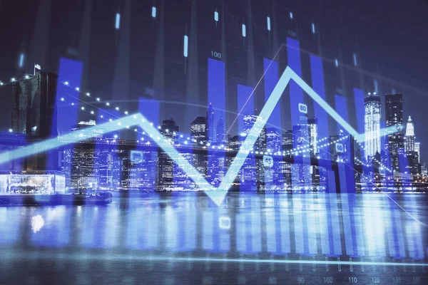 Financial chart on city scape with tall buildings background multi exposure. Analysis concept.