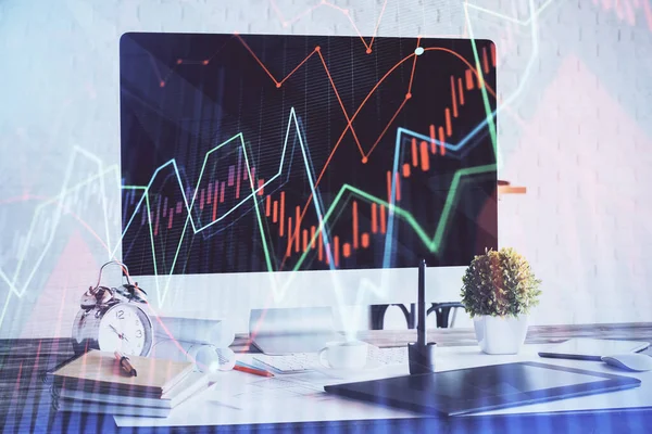 Forex Chart hologram on table with computer background. 두 번 노출. 금융 시장의 개념. — 스톡 사진