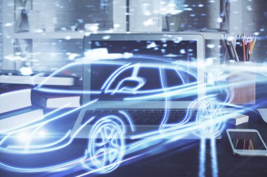 Otomobil hologramı çizimi olan masaüstü bilgisayar arkaplanı. Çoklu maruz kalma. Teknoloji kavramı.