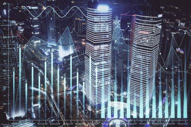Yüksek binalar arka plan çok pozlama ile şehir scape mali grafik. Analiz kavramı.
