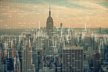 Gökdelenler arka planda çift pozlama ile şehir görünümünde eski grafik. Mali analiz kavramı.