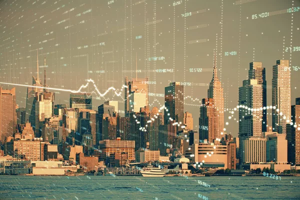 Forex graph on city view with skyscrapers background double exposure. Financial analysis concept.