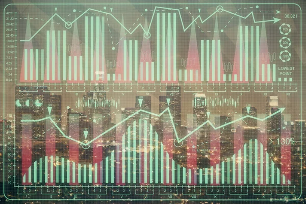 Vícenásobný vystavení kresby forexu na pozadí panoráma. Koncepce úspěchu. — Stock fotografie