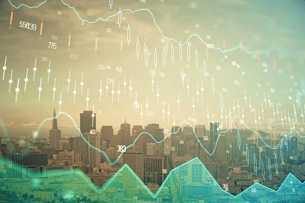 Forex γράφημα σε θέα στην πόλη με ουρανοξύστες φόντο multi έκθεση. Έννοια χρηματοοικονομικής ανάλυσης. — Φωτογραφία Αρχείου