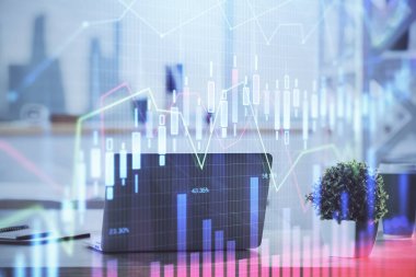 Bilgisayar geçmişi olan eski grafik hologramı. Çifte maruziyet. Finans piyasası kavramı.